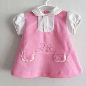 Vintage Baby Pink Dress Sz 12mo Lace Peter Pan Collar Embroidered Animal Mid Mod